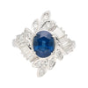 Natural 1.52 Carat Oval Blue Sapphire and Diamond Platinum Floral Ring