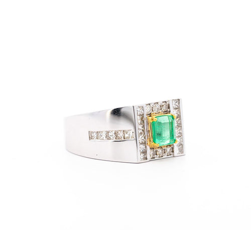 Natural 1.78 Carat Emerald and Diamond 18K Gold Mens Ring