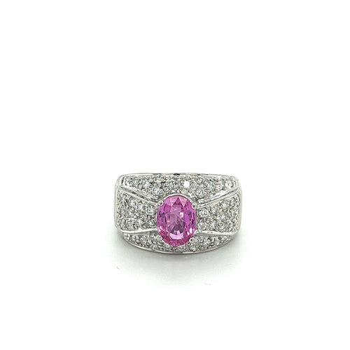 Natural 2 Carat Oval Cut Pink Sapphire with Diamond Cluster Dome Ring