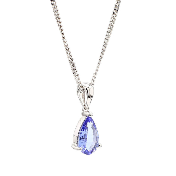 Natural 2 Carat Pear Cut Tanzanite in 18K White Gold Teardrop Pendant Necklace