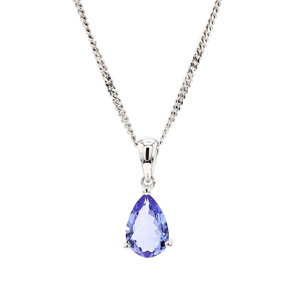 Natural 2 Carat Pear Cut Tanzanite in 18K White Gold Teardrop Pendant Necklace