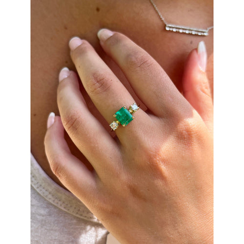 Natural 2.05 Carat Colombian Emerald and Diamond Three-Stone Thin Band Ring in 14K Yellow Gold