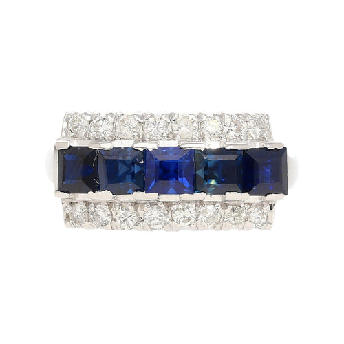 Natural 2.28 Carat Blue Sapphire & Diamond Cluster 5 Stone Platinum Ring