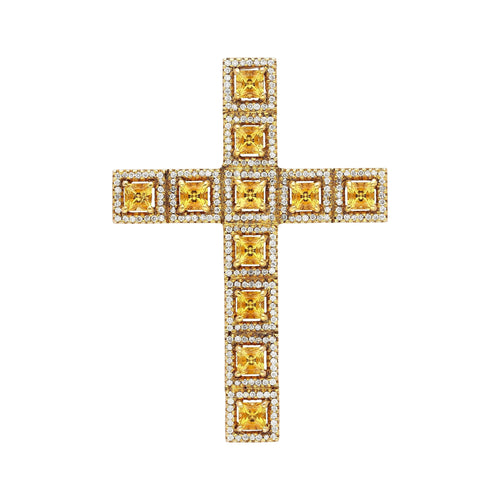 Natural 2.33 Carat Princess Cut Yellow Sapphire & Diamond Halo Cross Pendant