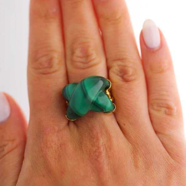 Natural Carved Malachite Quatrefoil Floral Dome Four-Prong 14K Yellow Gold Ring