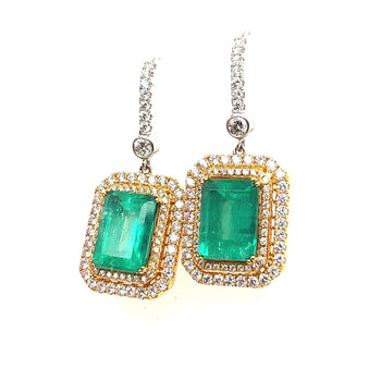 Natural Colombian 7.36 CTTW Emerald & Diamond Halo Dangle Drop 18K Gold Earrings – Assay Jewelers