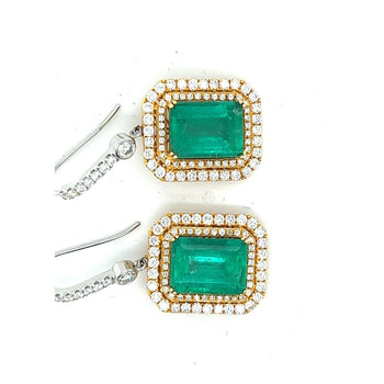 Natural Colombian 7.36 CTTW Emerald & Diamond Halo Dangle Drop 18K Gold Earrings – Assay Jewelers