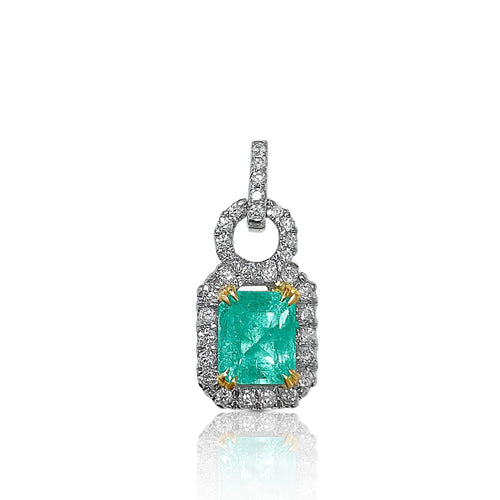 Natural Emerald Pendant and Diamond Halo in 18k Solid White Gold