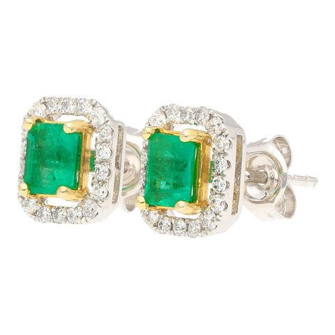 Natural Emerald and Diamond Halo Stud Earrings in 18K White Gold