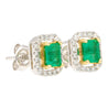 Natural Emerald and Diamond Halo Stud Earrings in 18K White Gold