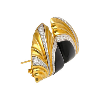 Natural Onyx & Diamond Earrings in Textured Ribbed 18K Yellow Gold and Platinum – Assay Jewelers