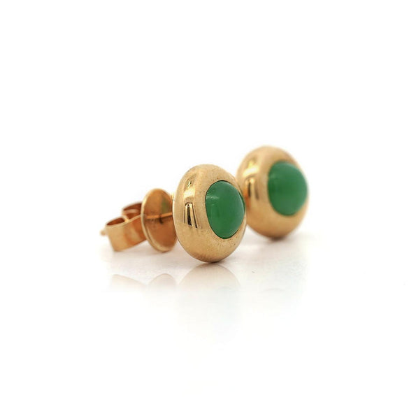 Natural Oval Cabochon Jadeite Jade Bezel Set in 18K Yellow Gold Stud Earrings
