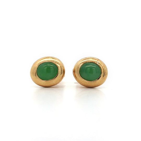 Natural Oval Cabochon Jadeite Jade Bezel Set in 18K Yellow Gold Stud Earrings