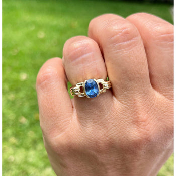 Oval Cut Blue Sapphire Regal Band Ring in 18k | Half Bezel Set – Assay Jewelers