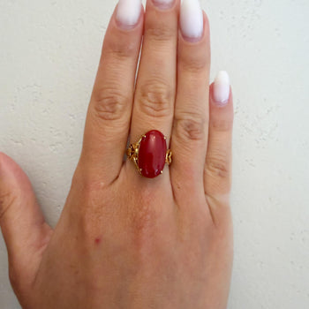 Oval Redish Orange Coral Cabochon 18K Gold Filigree Scrollwork Ring – Assay Jewelers