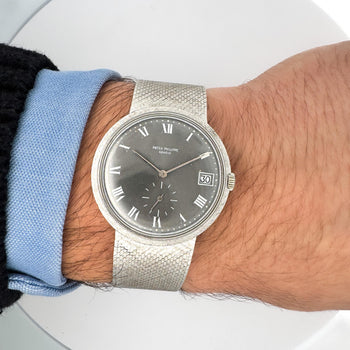 Patek Philippe Calatrava 35MM 18K White Gold Mesh Bracelet Gray Dial Watch – Assay Jewelers