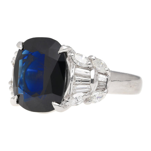 Platinum 7.52 Carat Cushion Cut Blue Sapphire and Diamond Engagement Ring