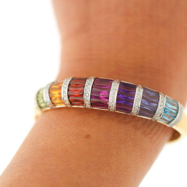 Rainbow Multi-Color Gemstone Baguette 18K Gold Band Bangle Bracelet