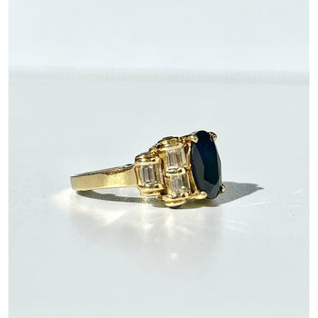 Retro Style Chanthaburi Blue Sapphire ring with Baguette Diamond Sidestones – Assay Jewelers