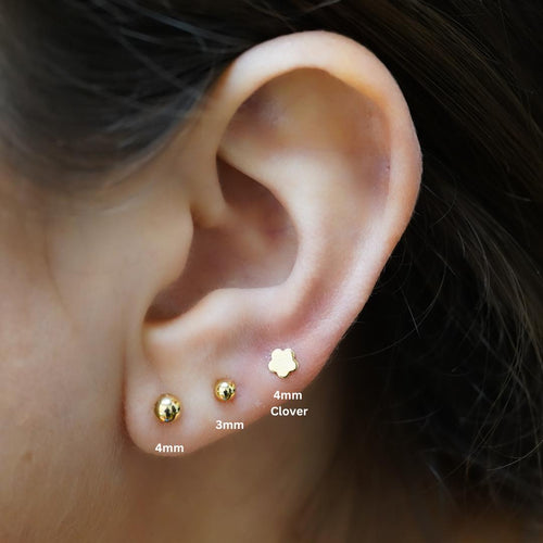 Reversible 4mm 14K Gold Ball Stud & Clover Screw Back Single Stud Earring