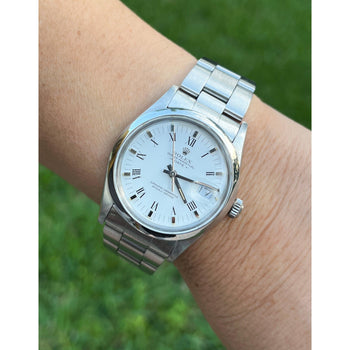 Rolex 34mm Oyster Perpetual Date Ref. 15200 White Dial Roman Numerals and Oyster Bracelet in Stainless Steel Watch – Assay Jewelers