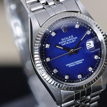 Rolex Datejust 16014 Blue Vignette Diamond Dial 36mm Steel White Gold Watch – Assay Jewelers