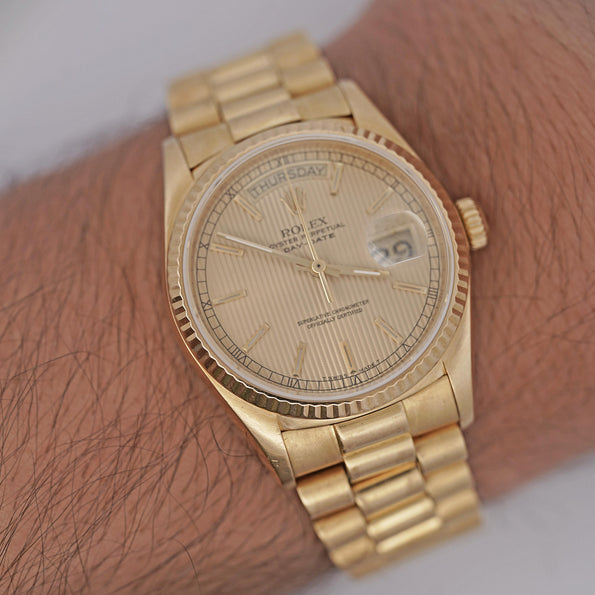 Rolex Daydate 36mm 18K Gold Fluted Bezel Champagne Tapestry Presidential Watch