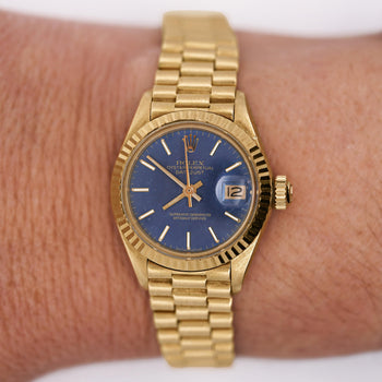 Rolex Lady DateJust 6917 Blue Dial 18K Gold President Bracelet Watch – Assay Jewelers