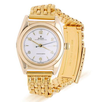 Rolex OP 3131 Bubbleback 18K Gold 31mm Chronometre White Arabic Dial Watch – Assay Jewelers