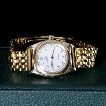 Rolex OP 3131 Bubbleback 18K Gold 31mm Chronometre White Arabic Dial Watch – Assay Jewelers