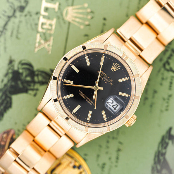 Rolex OP Date 1501 34mm 18K Gold Black Gloss Dial Watch