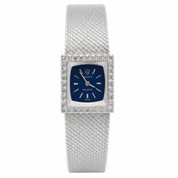 Rolex Precision 2157 Ladies 18k White Gold Diamond Bezel Blue Dial Watch 1972 – Assay Jewelers