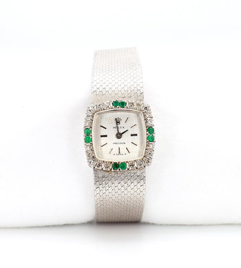 Rolex Precision Emerald & Diamond Bezel 18K White Gold Frosted Bracelet Watch – Assay Jewelers