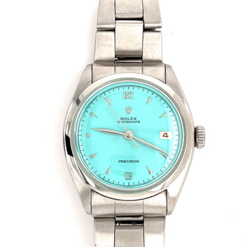 Rolex Turquoise Blue Oyster Perpetual Date Precision 36mm Vintage 1963 Watch In Stainless Steel With Oyster Bracelet – Assay Jewelers