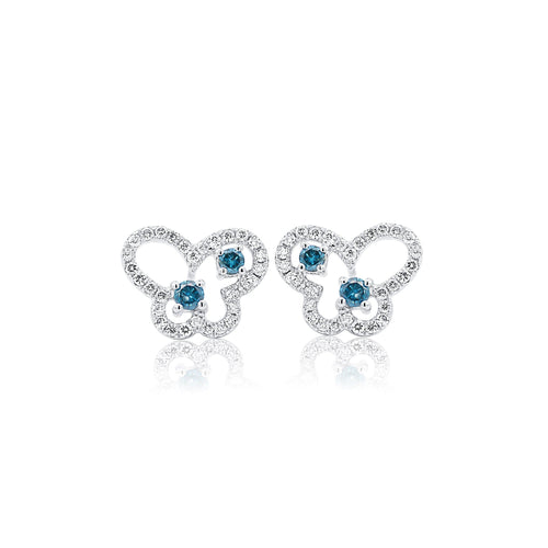 Round Cut Blue and White Diamond Butterfly Outline Stud Earrings