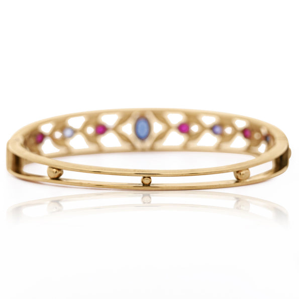 Sapphire, Ruby, & Seed Pearl 14K Gold Openwork Bangle Bracelet