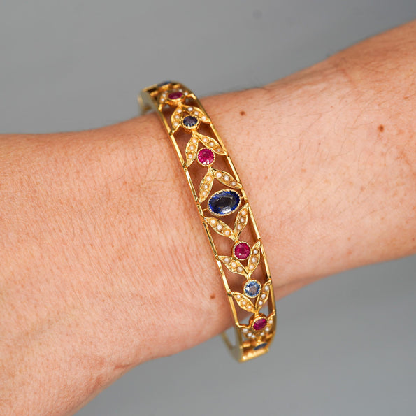 Sapphire, Ruby, & Seed Pearl 14K Gold Openwork Bangle Bracelet