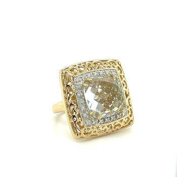Bague large en or 14K à cadre incurvé en filigrane, topaze bleu ciel et diamant – Assay Jewelers