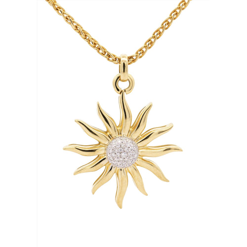 Vintage 0.85 Carat Sun Motif Diamond Pendant Necklace Crafted in 18k Yellow Gold