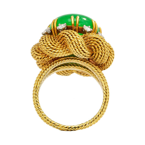 Vintage 13.32 Carat Type A Jadeite Jade Gold Wire Floral Ring From France