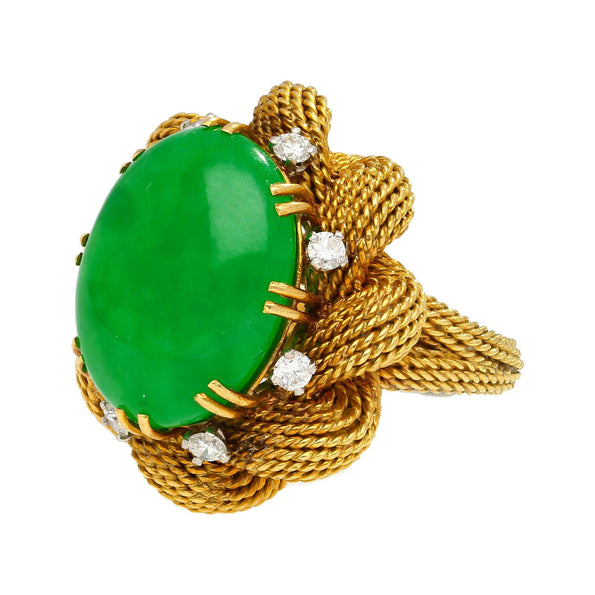 Vintage 13.32 Carat Type A Jadeite Jade Gold Wire Floral Ring From France