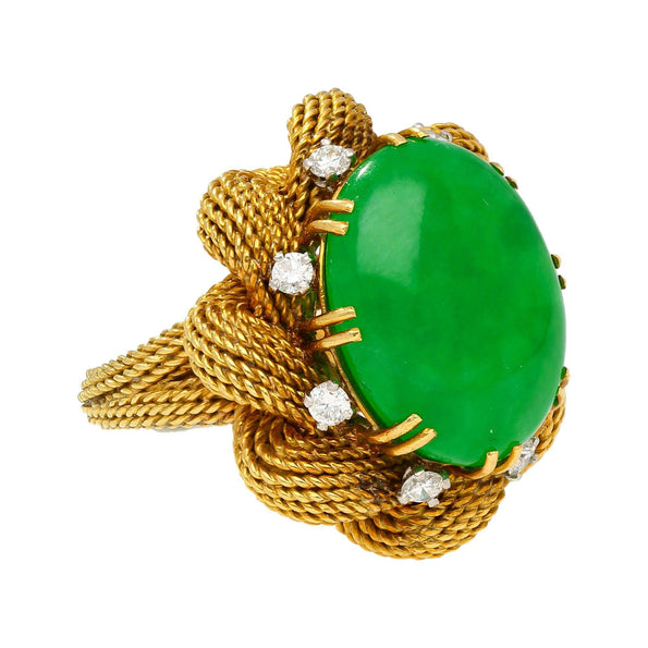 Vintage 13.32 Carat Type A Jadeite Jade Gold Wire Floral Ring From France