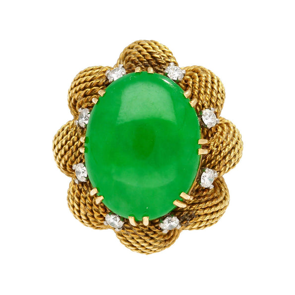 Vintage 13.32 Carat Type A Jadeite Jade Gold Wire Floral Ring From France