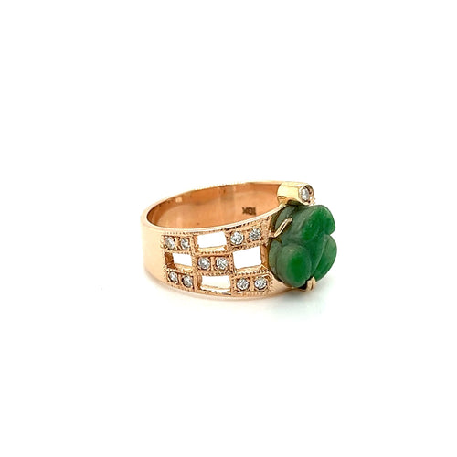 Vintage 18K Rose Gold Jadeite Jade Carved Frog Open Shank Ring