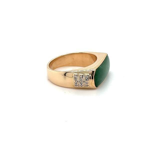 Bague unisexe Anciens en or jaune 18K, jadéite jade et diamant 0,20 ct, large et horizontale