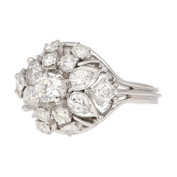 Bague fleur Anciens en or blanc 14k avec diamant taille ancienne euro de 1,30 carat