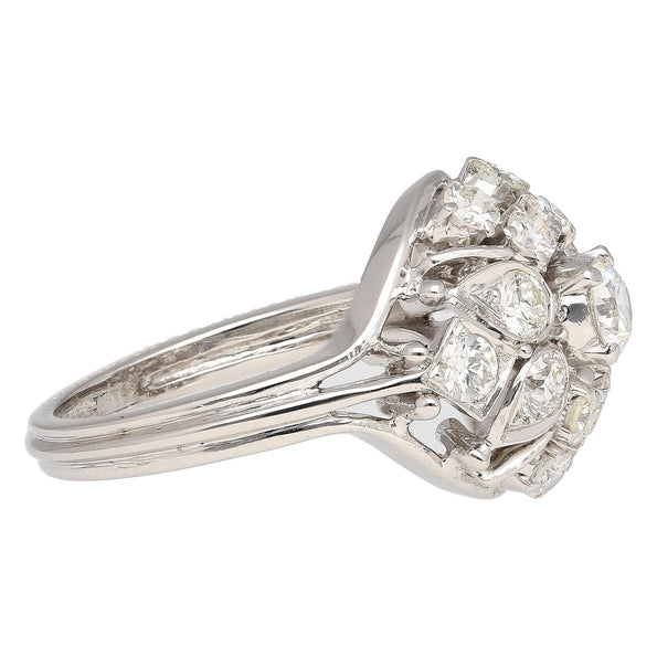 Bague fleur de style Anciens, diamant Old Euro-Cut 1,30 carat, or blanc 14k