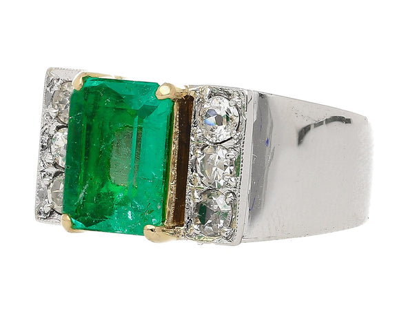 Vintage 3.04 Carat Emerald & Old Cut Diamond 18K Wide Shank Mens Ring