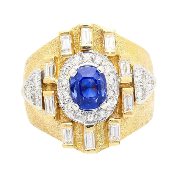 Bague homme Anciens en or finition mate avec saphir bleu 4,57 carats et diamants baguette