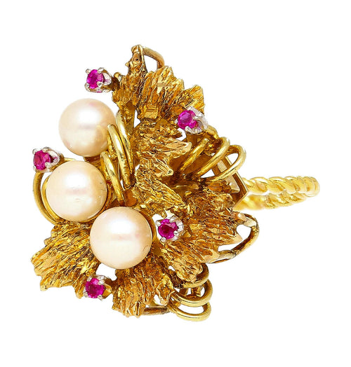 Vintage 5mm Pearl & Ruby Floral Cluster 18K Gold Twisted Shank Cocktail Ring